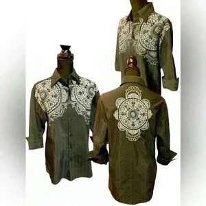 Marini Western Button Up Blouse, Distressed Black w/ White Embroidery size Med